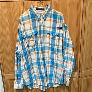 Columbia Men's Blue and Orange Plaid Shirt